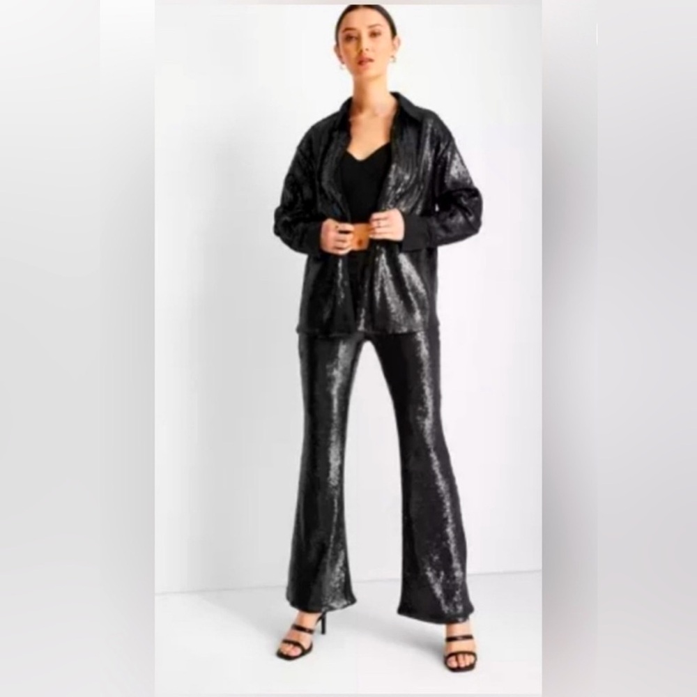 NWT Future Collective 

Sequin Button Shirt and Matching Flare Leg Sequin Pant